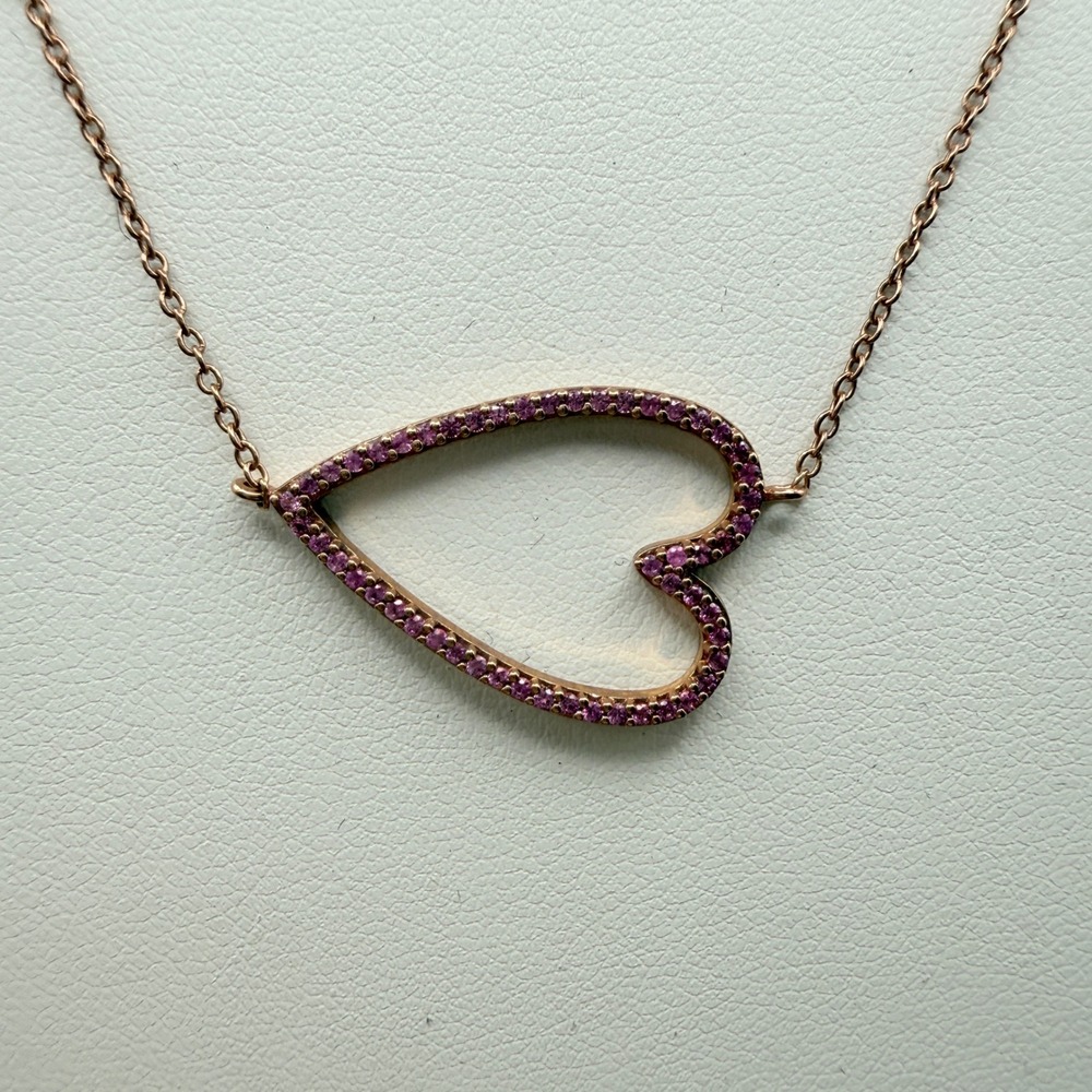 Necklace Pink Pave Open Heart Rose Gold Tone Sterling Silver Y2K